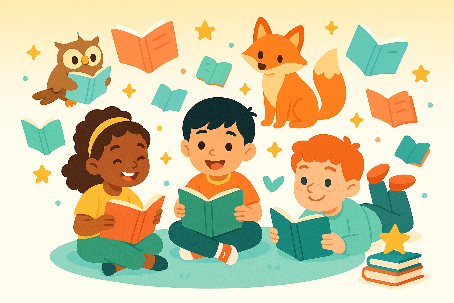 Drei Kinder lesen Bücher, ein Fuchs und eine Eule lesen mit